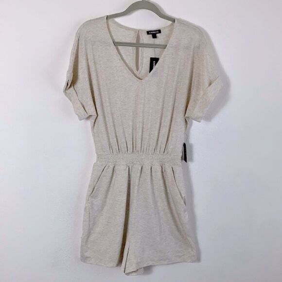 NWT Express Soft V-Neck Lounge Romper Oatmeal Heather Sz S - Picture 3 of 9